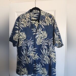 Blue and Cream Leaf Print Casual Button Down Shirt